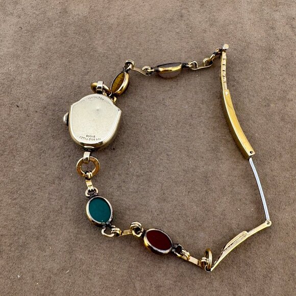 Vintage 1950s Hamilton Watch 10K GF with Carved Gem Scarabs Thor Triangular Case - Picture 7 of 8